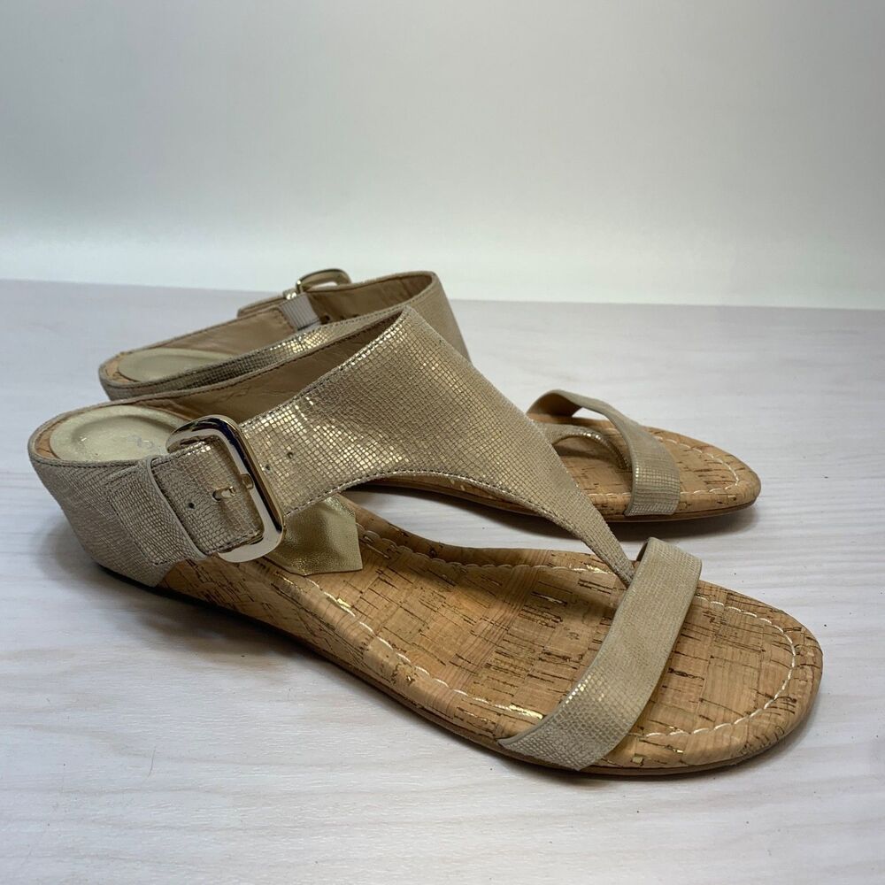 Donald J Pliner Gold Beige Metallc Leather Wedge Sandal Shoes Womens 9.5